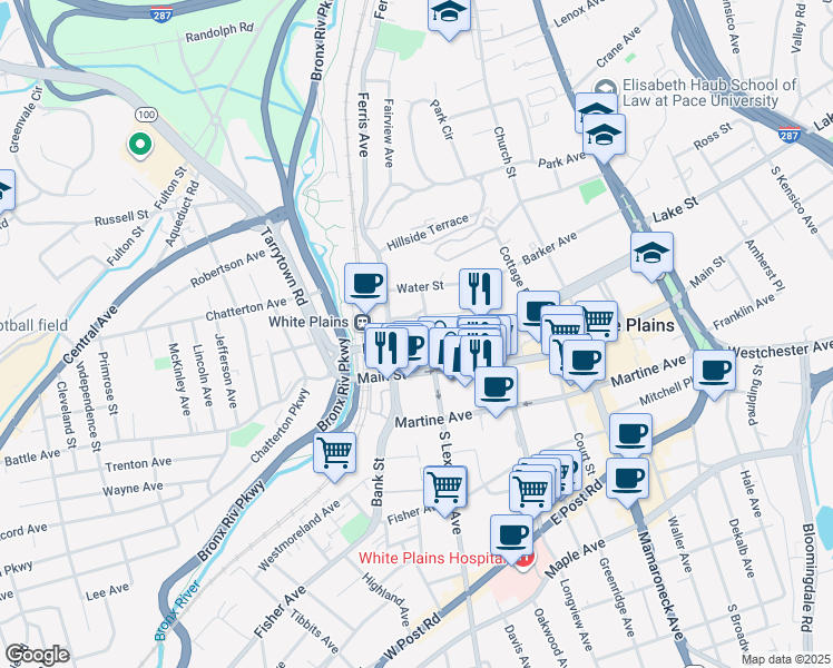 map of restaurants, bars, coffee shops, grocery stores, and more near 56 Hamilton Avenue in White Plains