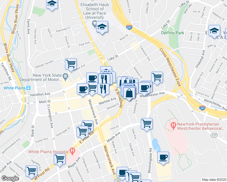 map of restaurants, bars, coffee shops, grocery stores, and more near 25 South Broadway in White Plains
