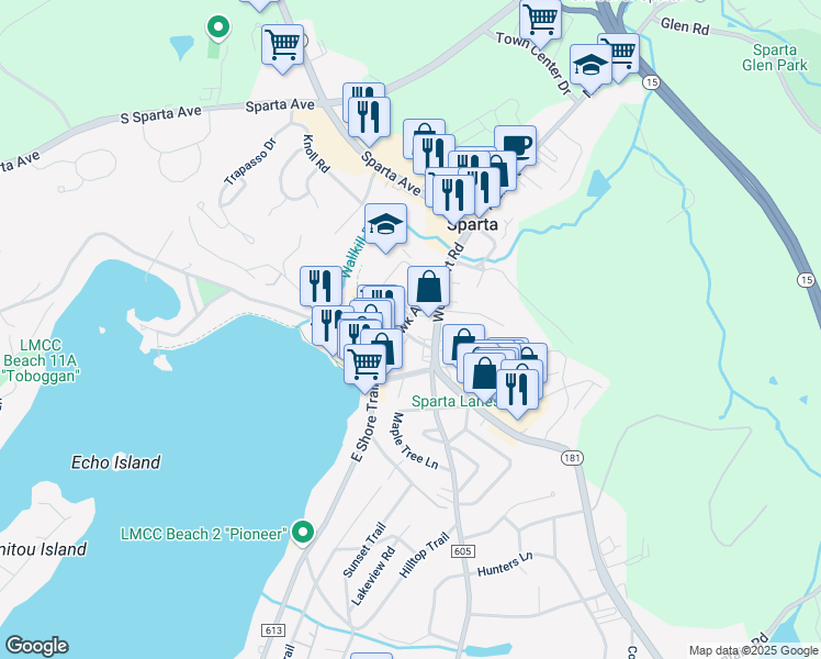 map of restaurants, bars, coffee shops, grocery stores, and more near 25 Mohawk Avenue in Sparta Township