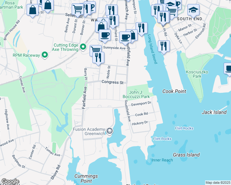 map of restaurants, bars, coffee shops, grocery stores, and more near 92 Burwood Avenue in Stamford