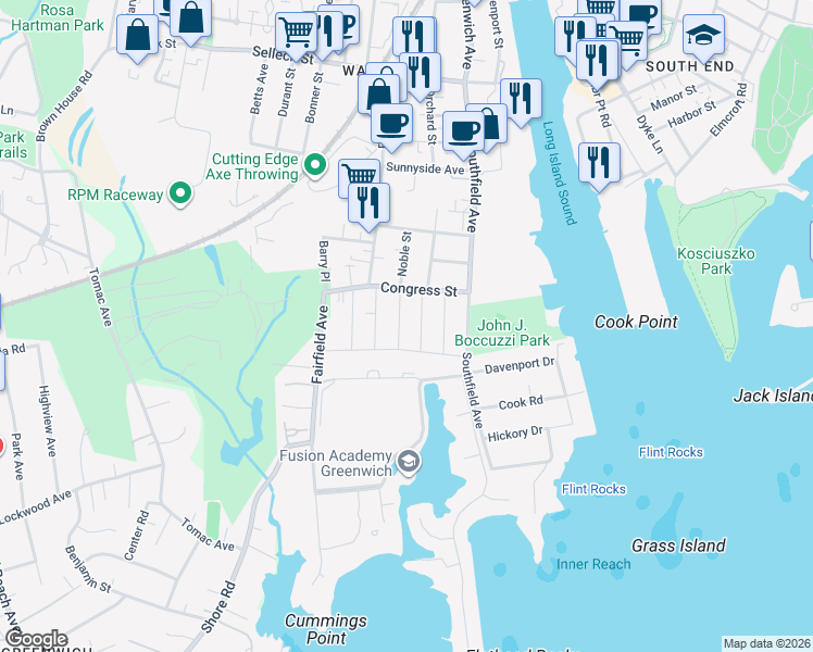 map of restaurants, bars, coffee shops, grocery stores, and more near 4 Noble Street in Stamford
