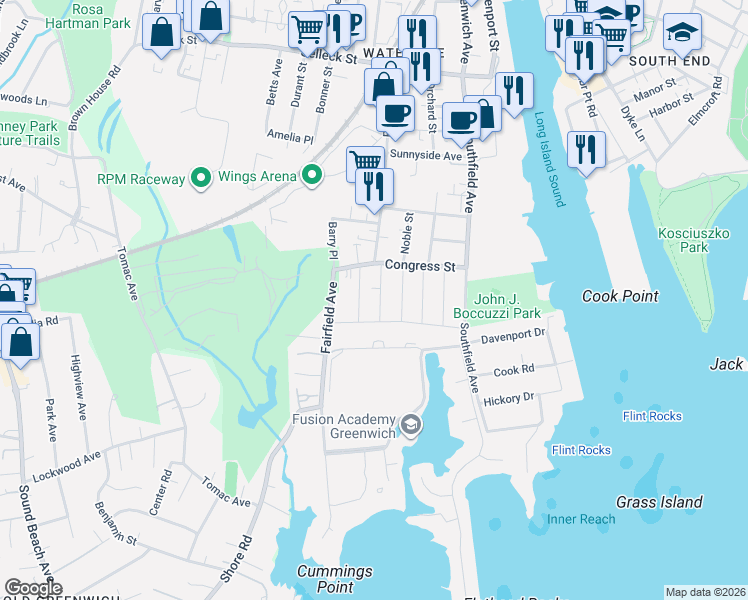map of restaurants, bars, coffee shops, grocery stores, and more near 24 Burwood Avenue in Stamford
