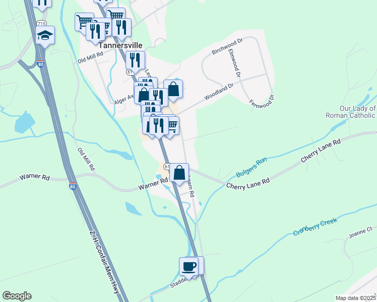 map of restaurants, bars, coffee shops, grocery stores, and more near 128 Learn Road in Tannersville