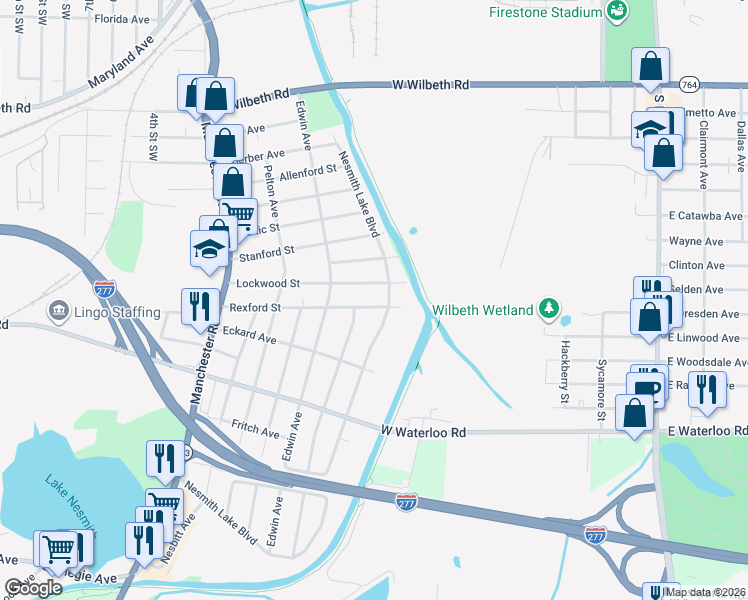 map of restaurants, bars, coffee shops, grocery stores, and more near 2439 Nesmith Lake Boulevard in Akron