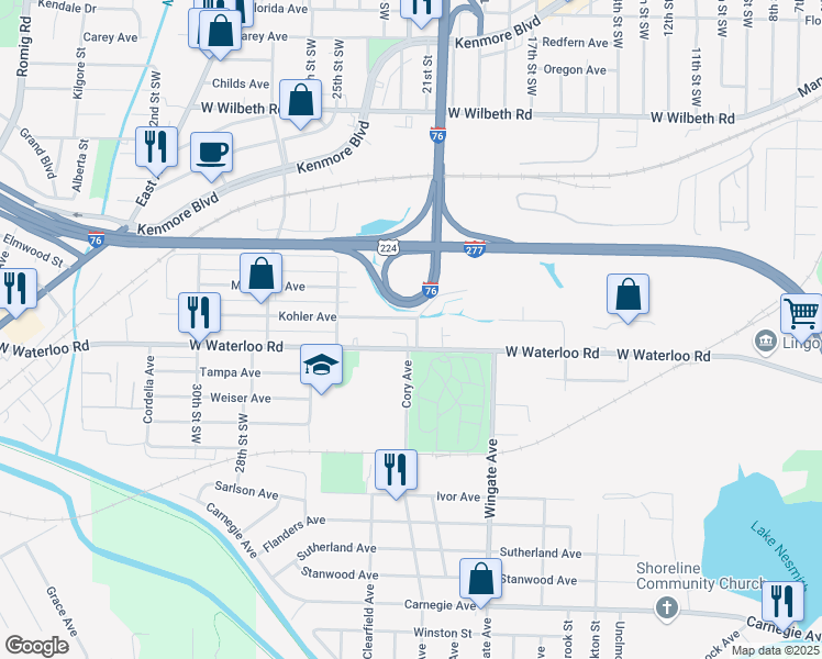 map of restaurants, bars, coffee shops, grocery stores, and more near 1135 West Waterloo Road in Akron