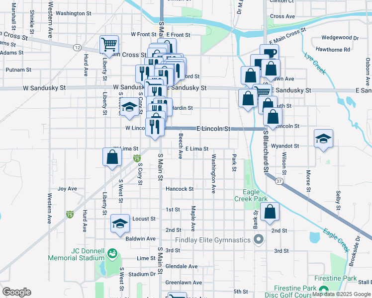 map of restaurants, bars, coffee shops, grocery stores, and more near 812 Maple Avenue in Findlay