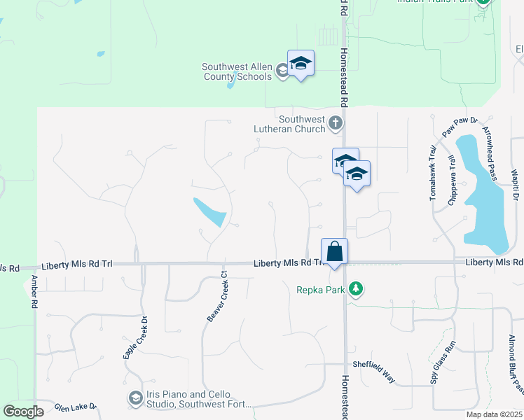 map of restaurants, bars, coffee shops, grocery stores, and more near 11401 Lancaster Court in Fort Wayne