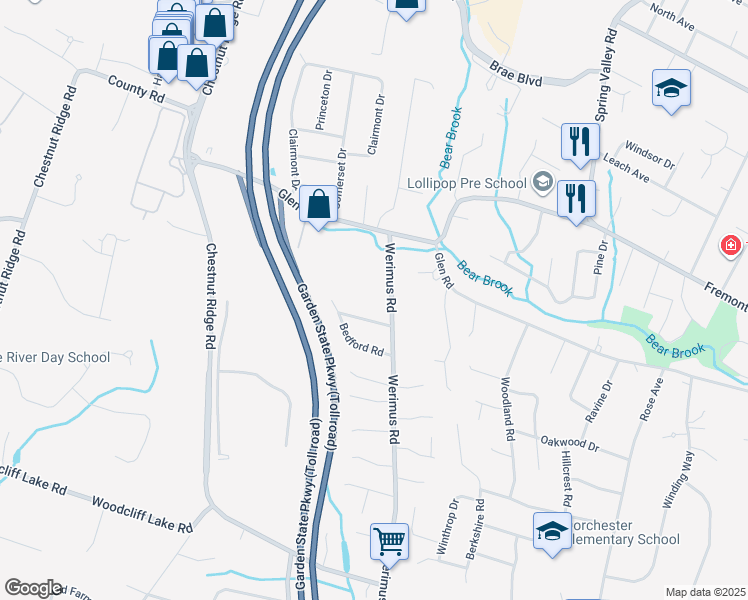 map of restaurants, bars, coffee shops, grocery stores, and more near 12 Avon Place in Woodcliff Lake