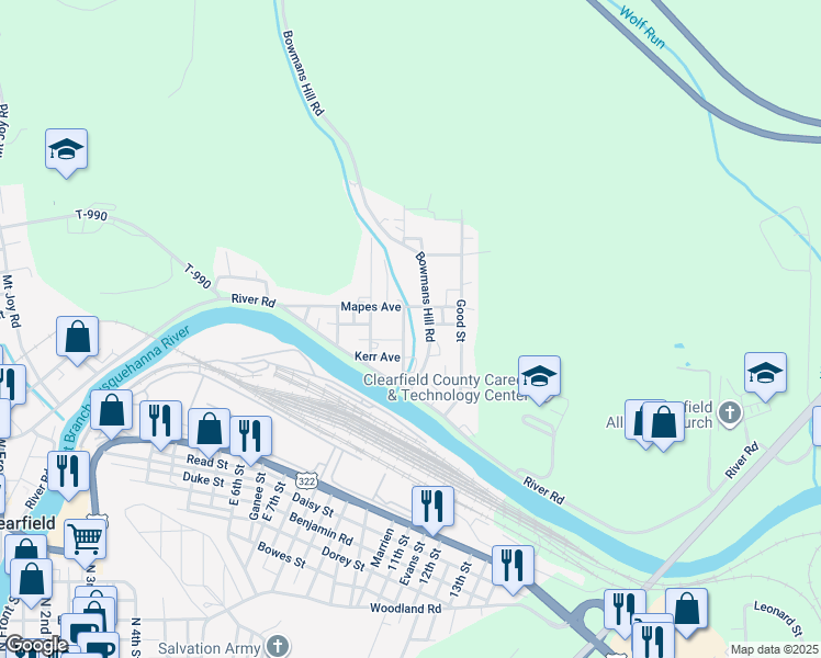 map of restaurants, bars, coffee shops, grocery stores, and more near 120 Patton Street in Clearfield