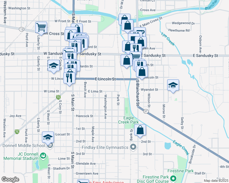 map of restaurants, bars, coffee shops, grocery stores, and more near 764 Grand Avenue in Findlay