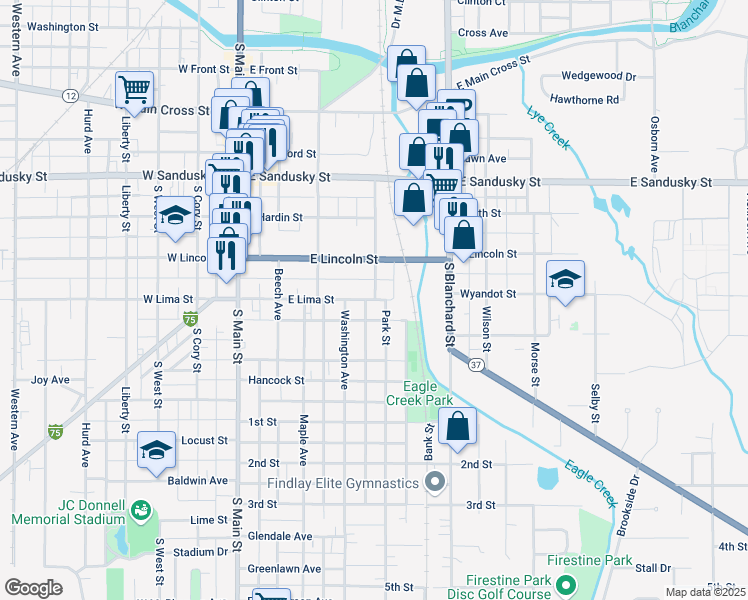 map of restaurants, bars, coffee shops, grocery stores, and more near 764 Grand Avenue in Findlay