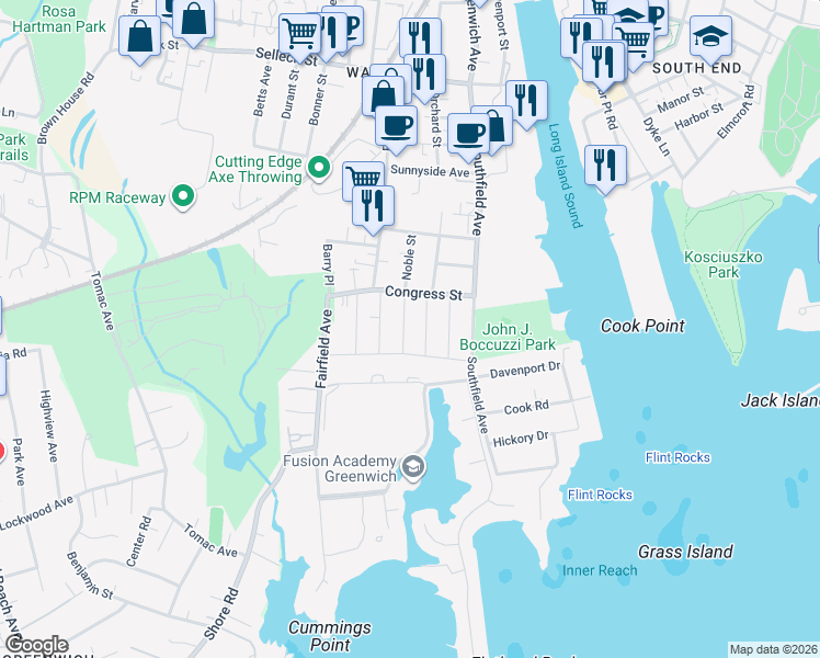 map of restaurants, bars, coffee shops, grocery stores, and more near 4 Noble Street in Stamford
