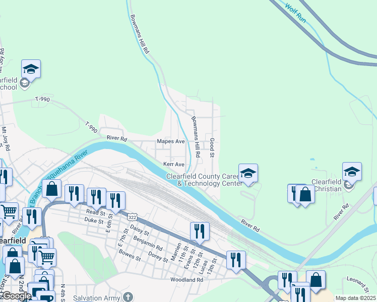 map of restaurants, bars, coffee shops, grocery stores, and more near 120 Patton Street in Clearfield