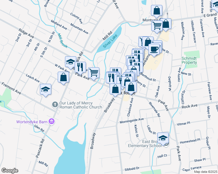 map of restaurants, bars, coffee shops, grocery stores, and more near 2 North Maple Avenue in Park Ridge