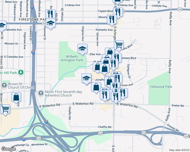 map of restaurants, bars, coffee shops, grocery stores, and more near 889 Jonathan Avenue in Akron