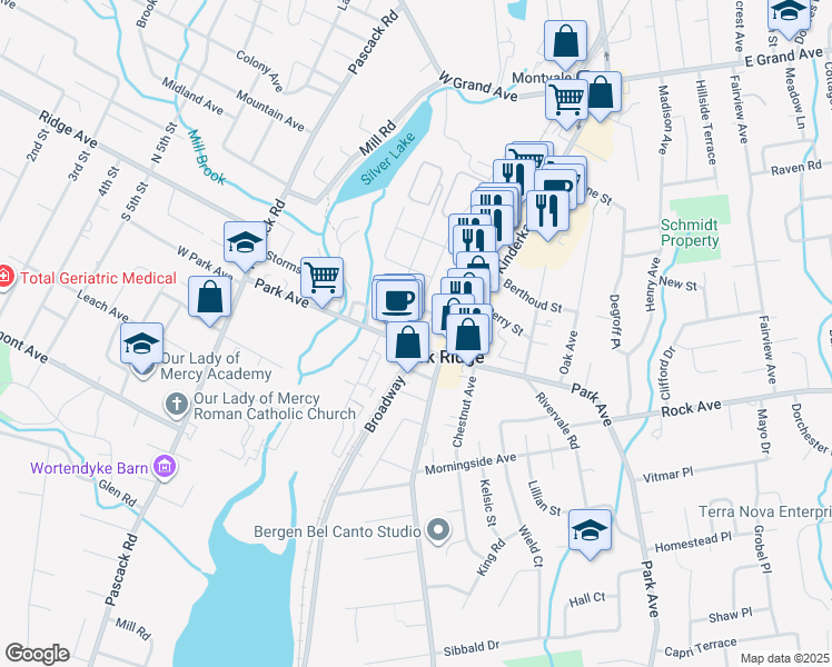 map of restaurants, bars, coffee shops, grocery stores, and more near 83 Market Street in Park Ridge