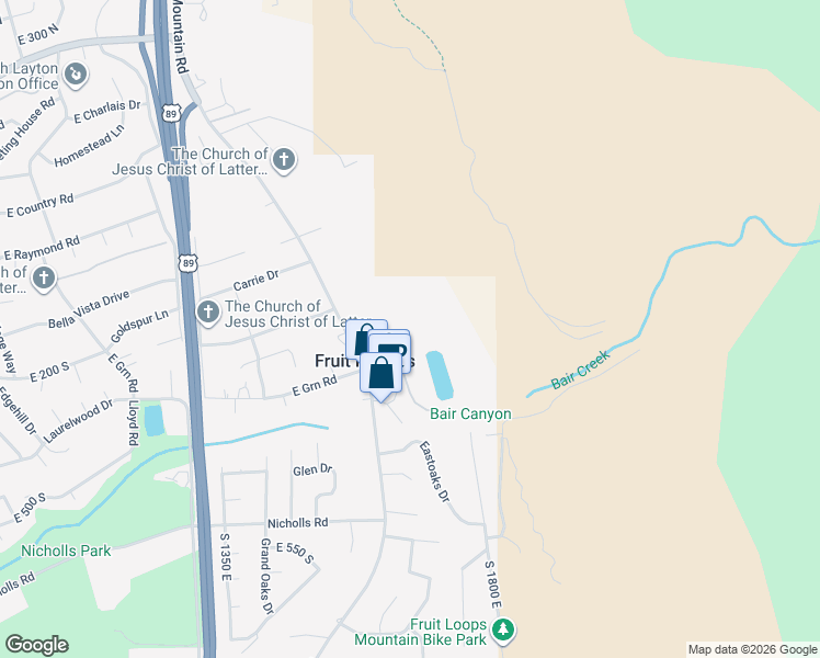 map of restaurants, bars, coffee shops, grocery stores, and more near 128 South Grandison Court in Fruit Heights