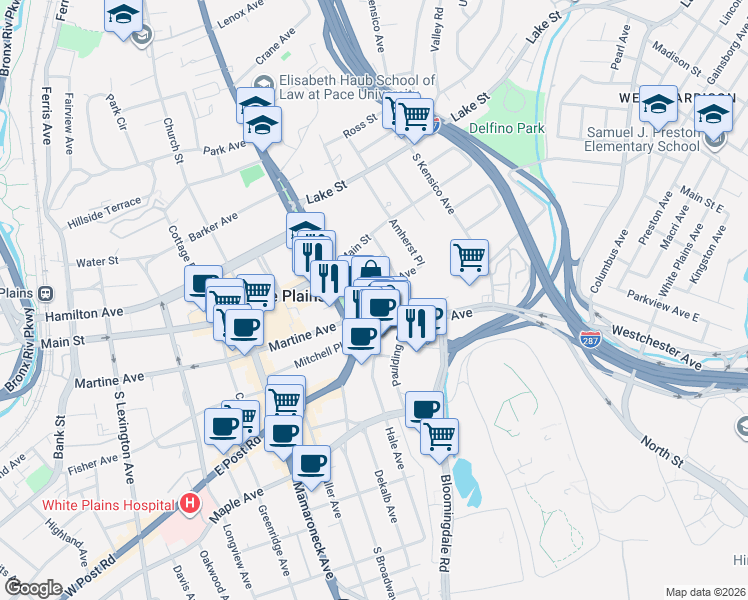 map of restaurants, bars, coffee shops, grocery stores, and more near 40 Westchester Avenue in White Plains