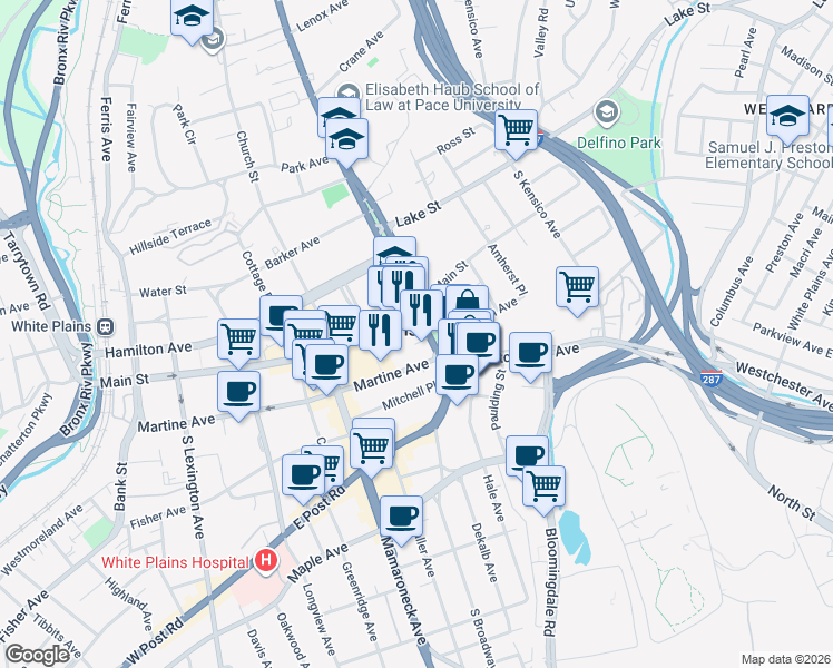 map of restaurants, bars, coffee shops, grocery stores, and more near 25 South Broadway in White Plains