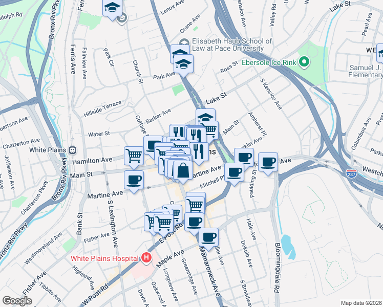 map of restaurants, bars, coffee shops, grocery stores, and more near in White Plains