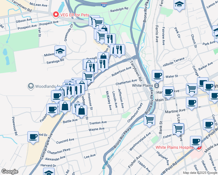 map of restaurants, bars, coffee shops, grocery stores, and more near 21 Lincoln Avenue in White Plains