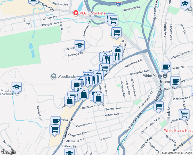 map of restaurants, bars, coffee shops, grocery stores, and more near 392 Central Avenue in White Plains