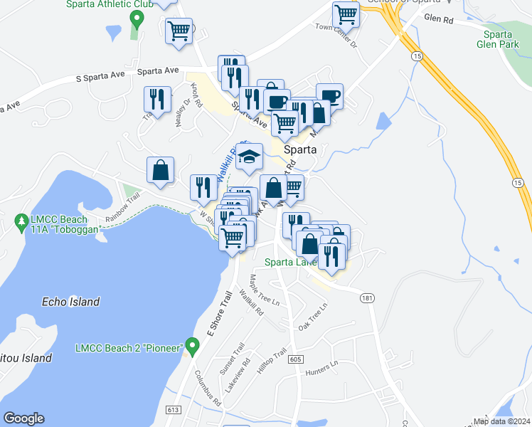 map of restaurants, bars, coffee shops, grocery stores, and more near 54 Woodport Road in Sparta
