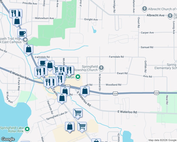 map of restaurants, bars, coffee shops, grocery stores, and more near 2954 Old Home Road in Akron