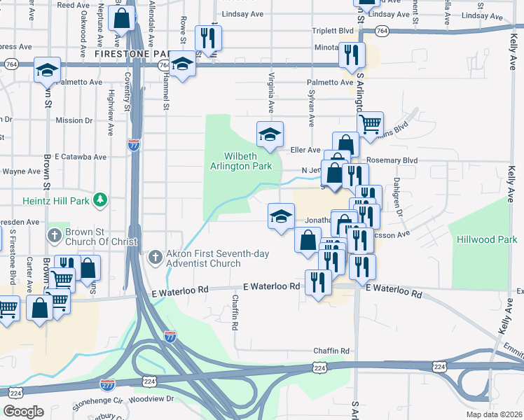 map of restaurants, bars, coffee shops, grocery stores, and more near 804 Jonathan Avenue in Akron