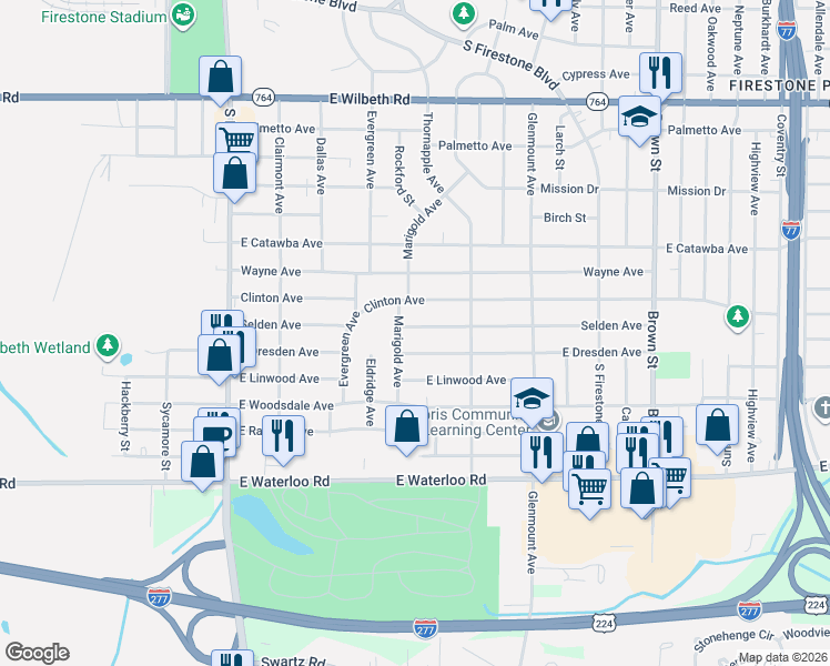 map of restaurants, bars, coffee shops, grocery stores, and more near 225 East Dresden Avenue in Akron