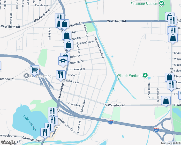 map of restaurants, bars, coffee shops, grocery stores, and more near 400 Rexford Street in Akron