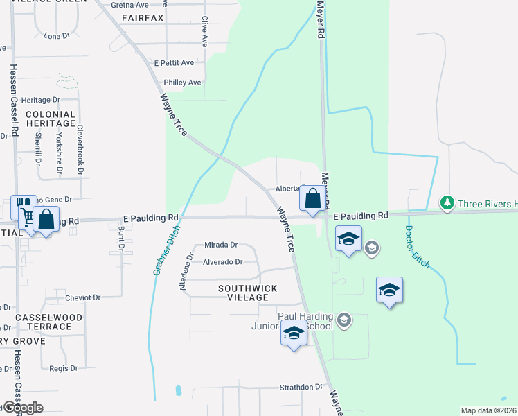 map of restaurants, bars, coffee shops, grocery stores, and more near 4428 East Paulding Road in Fort Wayne