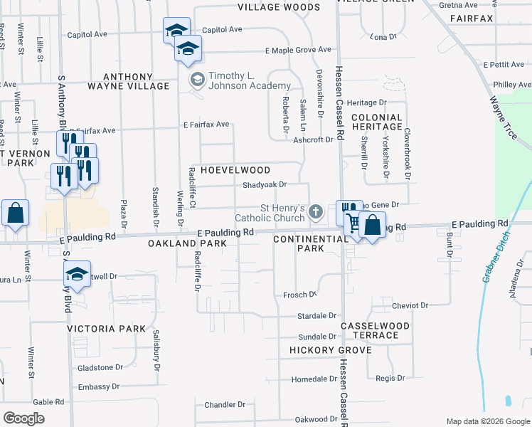 map of restaurants, bars, coffee shops, grocery stores, and more near 2715 East Paulding Road in Fort Wayne