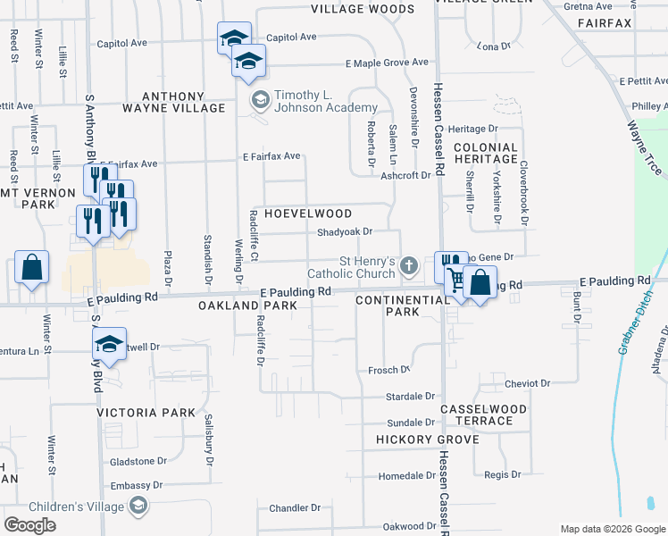 map of restaurants, bars, coffee shops, grocery stores, and more near 2715 East Paulding Road in Fort Wayne