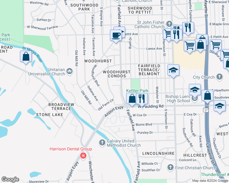 map of restaurants, bars, coffee shops, grocery stores, and more near 5665 South Wayne Avenue in Fort Wayne