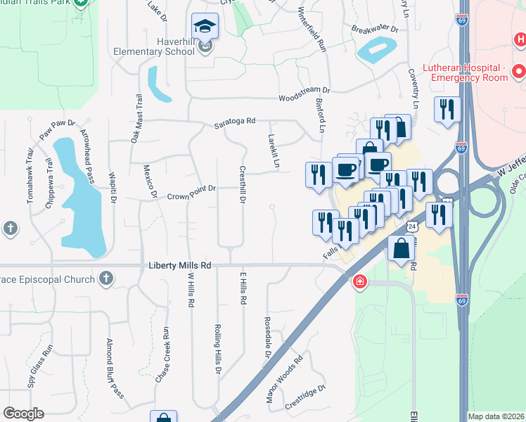 map of restaurants, bars, coffee shops, grocery stores, and more near 5604 Burnham Woods Lane in Fort Wayne
