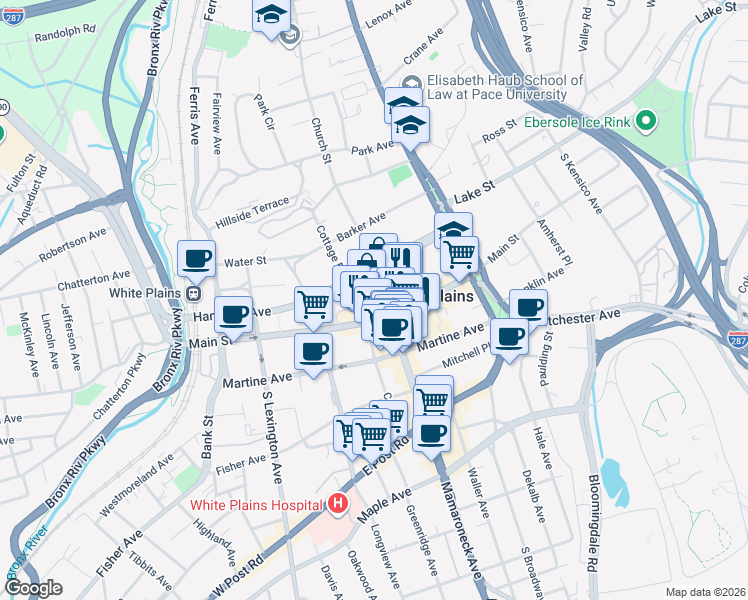 map of restaurants, bars, coffee shops, grocery stores, and more near 1 Renaissance Square in White Plains