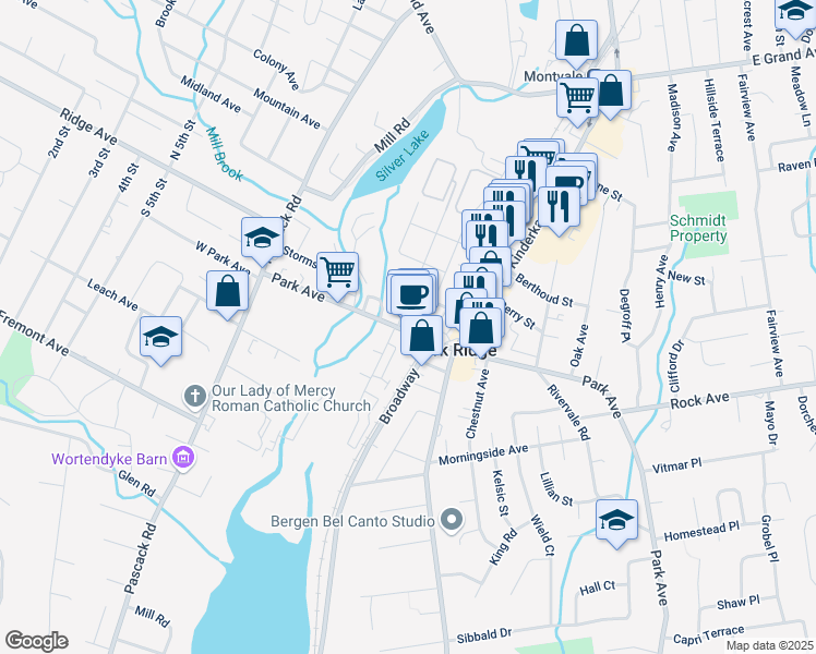 map of restaurants, bars, coffee shops, grocery stores, and more near 1A South Maple Avenue in Park Ridge