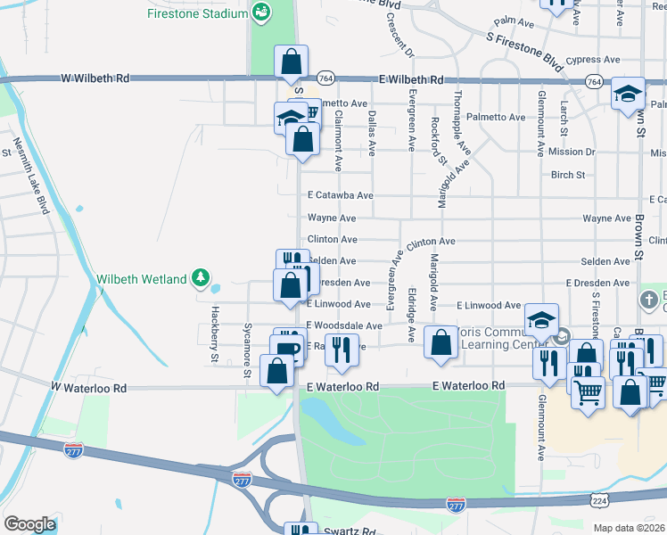 map of restaurants, bars, coffee shops, grocery stores, and more near 1998 Clairmont Avenue in Akron