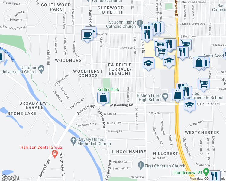 map of restaurants, bars, coffee shops, grocery stores, and more near 5523 Hoagland Avenue in Fort Wayne