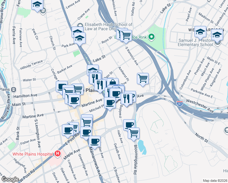 map of restaurants, bars, coffee shops, grocery stores, and more near 10 Franklin Avenue in White Plains