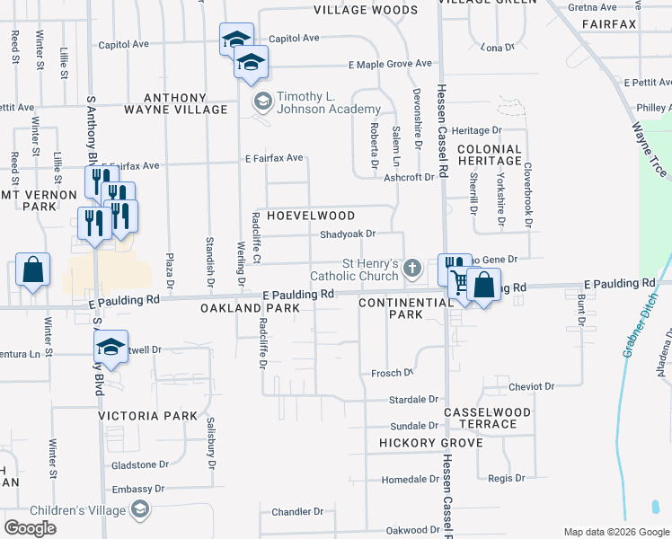 map of restaurants, bars, coffee shops, grocery stores, and more near 2715 East Paulding Road in Fort Wayne
