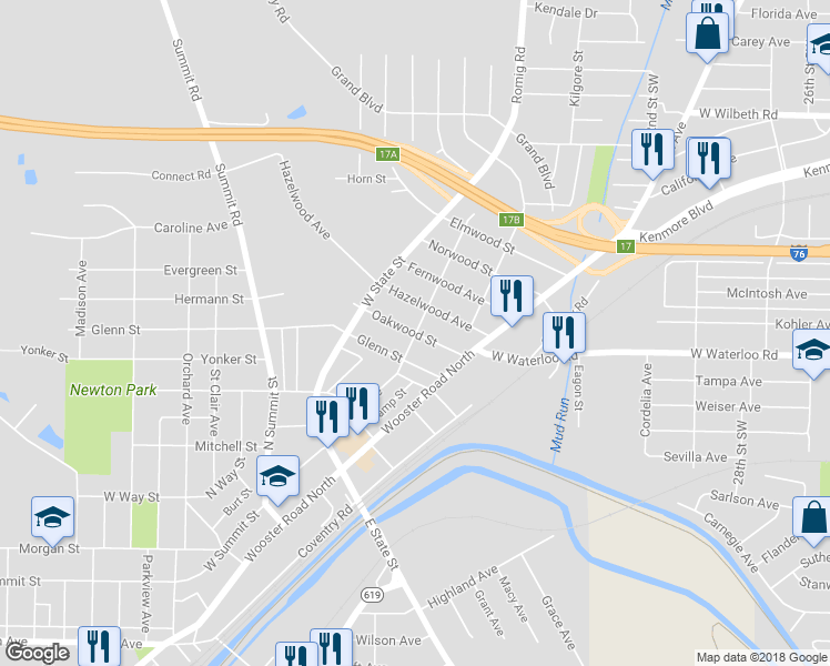 map of restaurants, bars, coffee shops, grocery stores, and more near 1062 Romig Avenue in Barberton