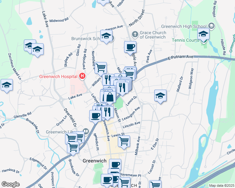 map of restaurants, bars, coffee shops, grocery stores, and more near 50 East Putnam Avenue in Greenwich