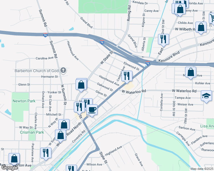map of restaurants, bars, coffee shops, grocery stores, and more near 102 Oakwood Street in Barberton