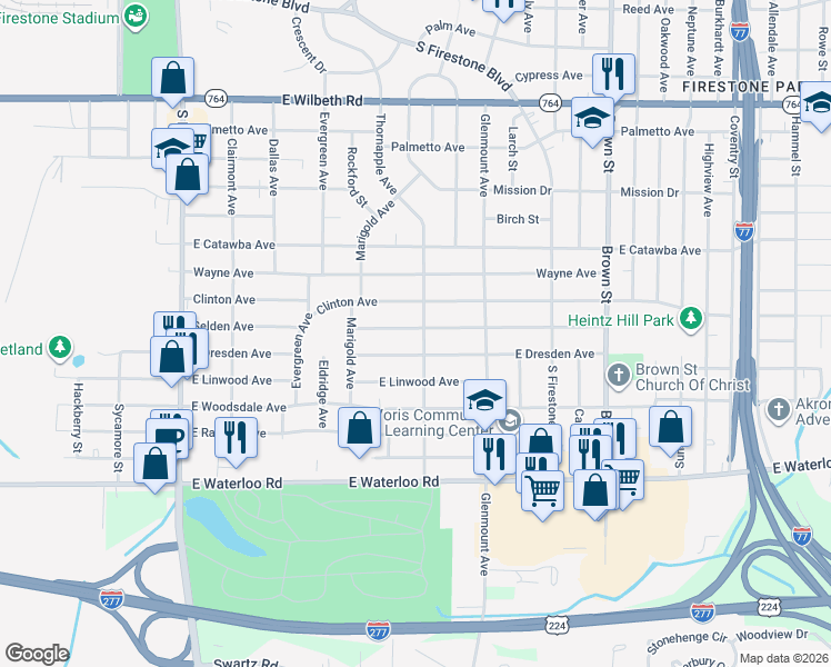 map of restaurants, bars, coffee shops, grocery stores, and more near 254 Selden Avenue in Akron