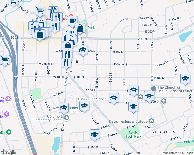 map of restaurants, bars, coffee shops, grocery stores, and more near 100 South 200 East in Kaysville