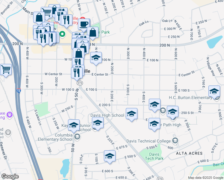 map of restaurants, bars, coffee shops, grocery stores, and more near 100 South 200 East in Kaysville