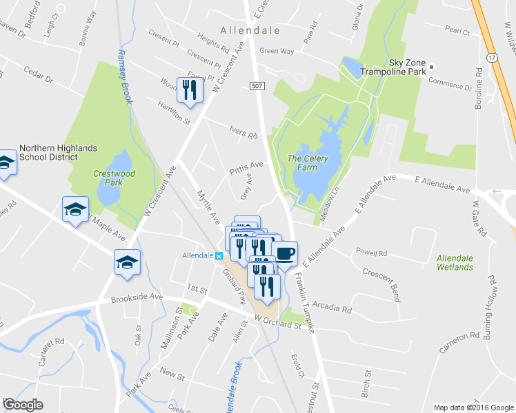 map of restaurants, bars, coffee shops, grocery stores, and more near 8 Allison Court in Allendale