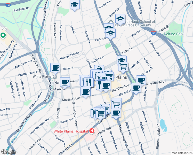 map of restaurants, bars, coffee shops, grocery stores, and more near in White Plains